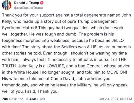Trump TruthSocial Comments on John Kelly