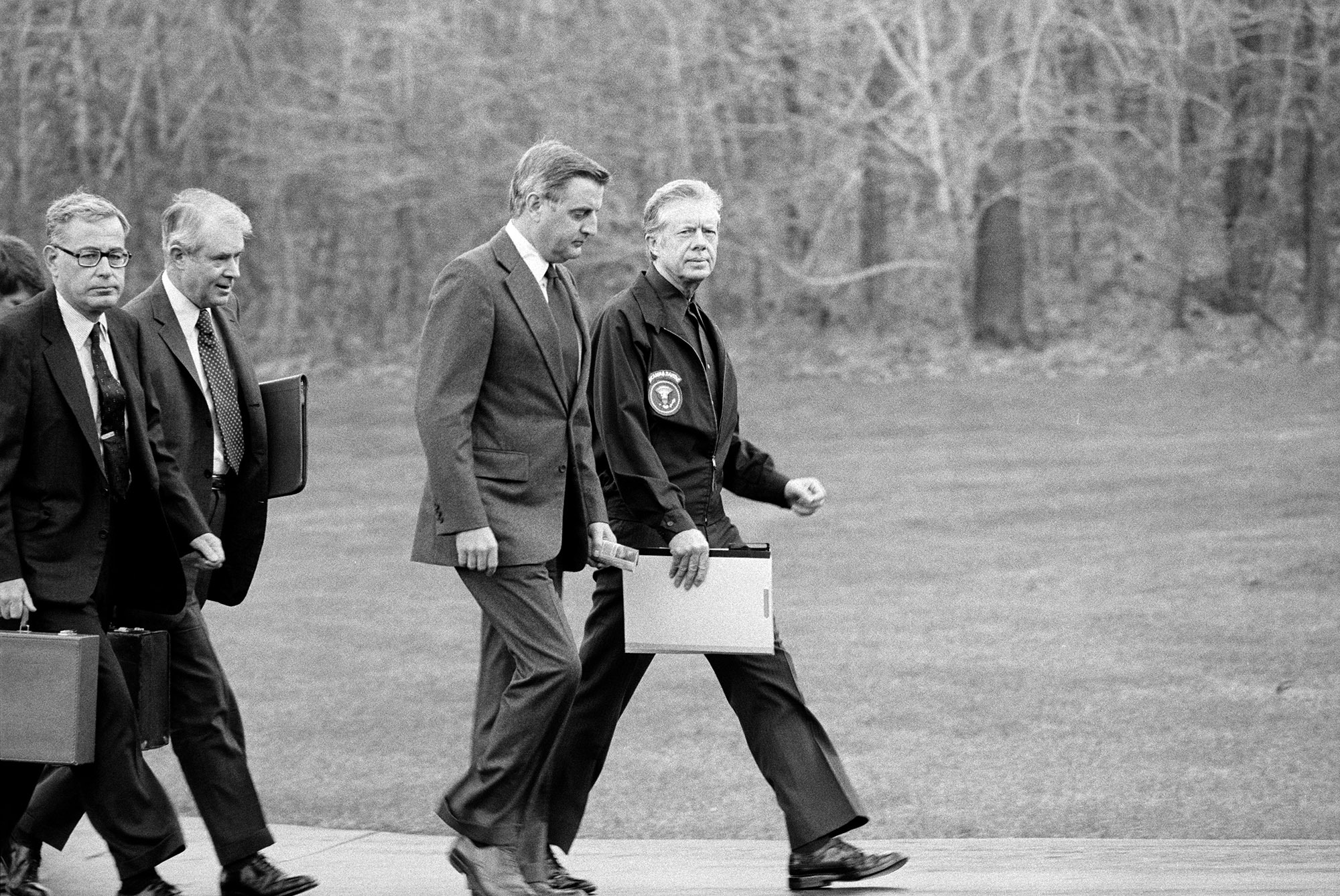 President Carter walks alongside Vice President Walter Mondale at Camp David, Maryland, in November 1979.