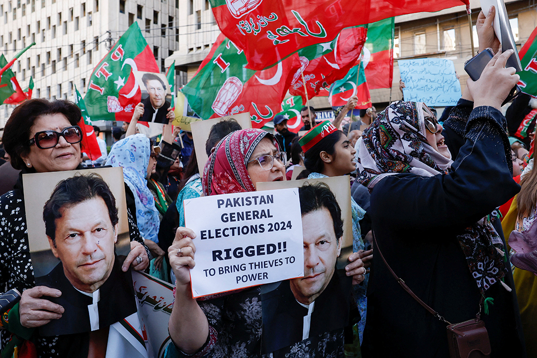 Supporters of former PM Khan protest against what they call, 'blatant rigging in national election', in Karachi.