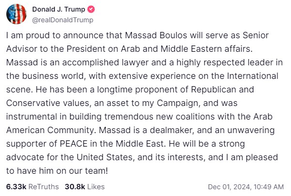 Trump Announces Massad Boulos