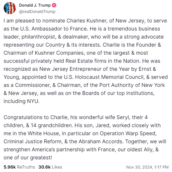 Trump announces Charles Kushner