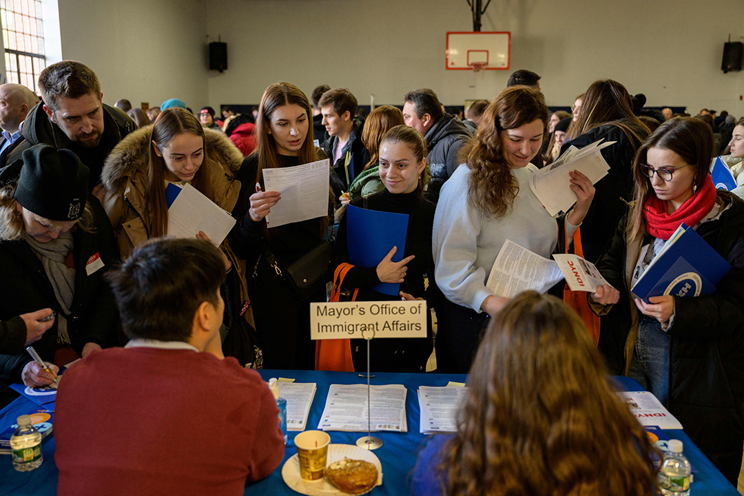 Ukrainian refugees attend a job fair in Brooklyn, New York, in 2023.