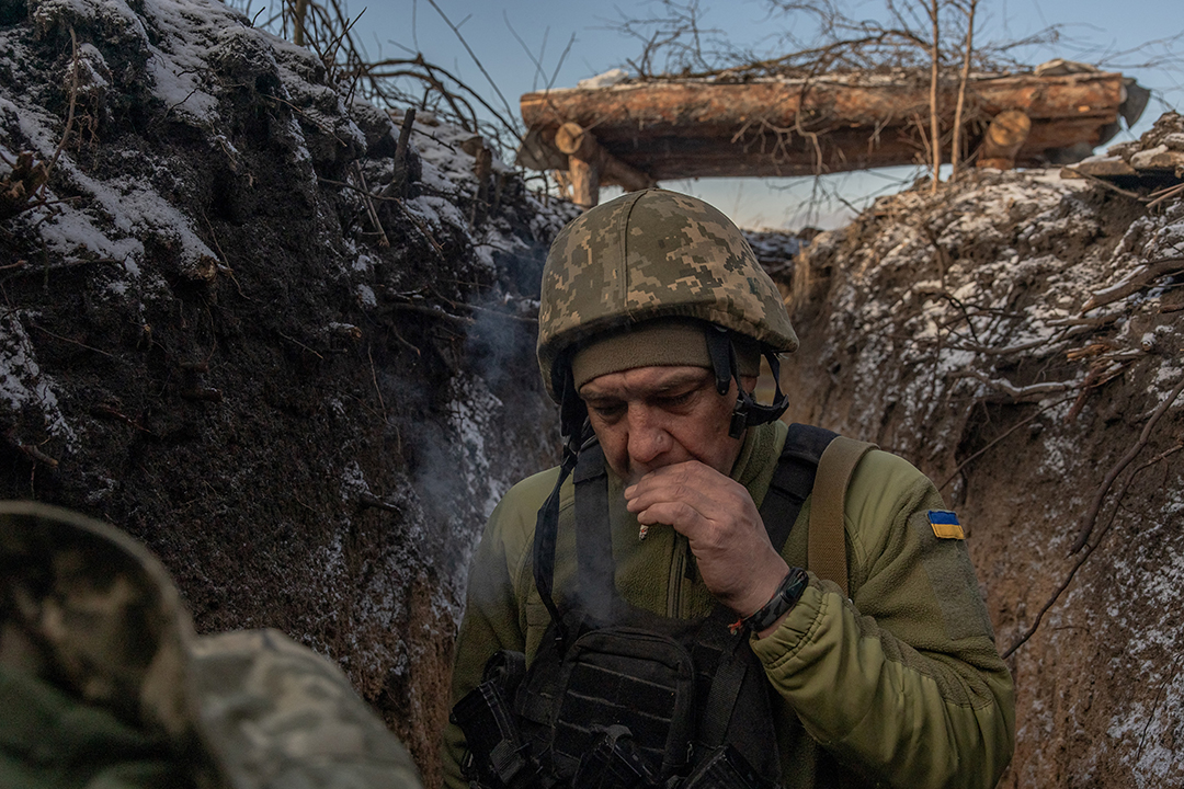 A Ukrainian soldier of the forty-first brigade walks in a trench near the frontline outside Kupiansk, Ukraine, in the Kharkiv Oblast on January 23, 2024.