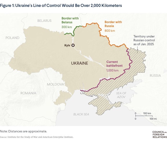 A map of Ukraine demonstrating the current battlefront and Ukraine's borders with Belarus and Russia.