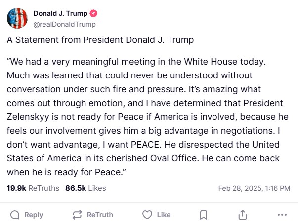 Trump Truth Social on Zelensky