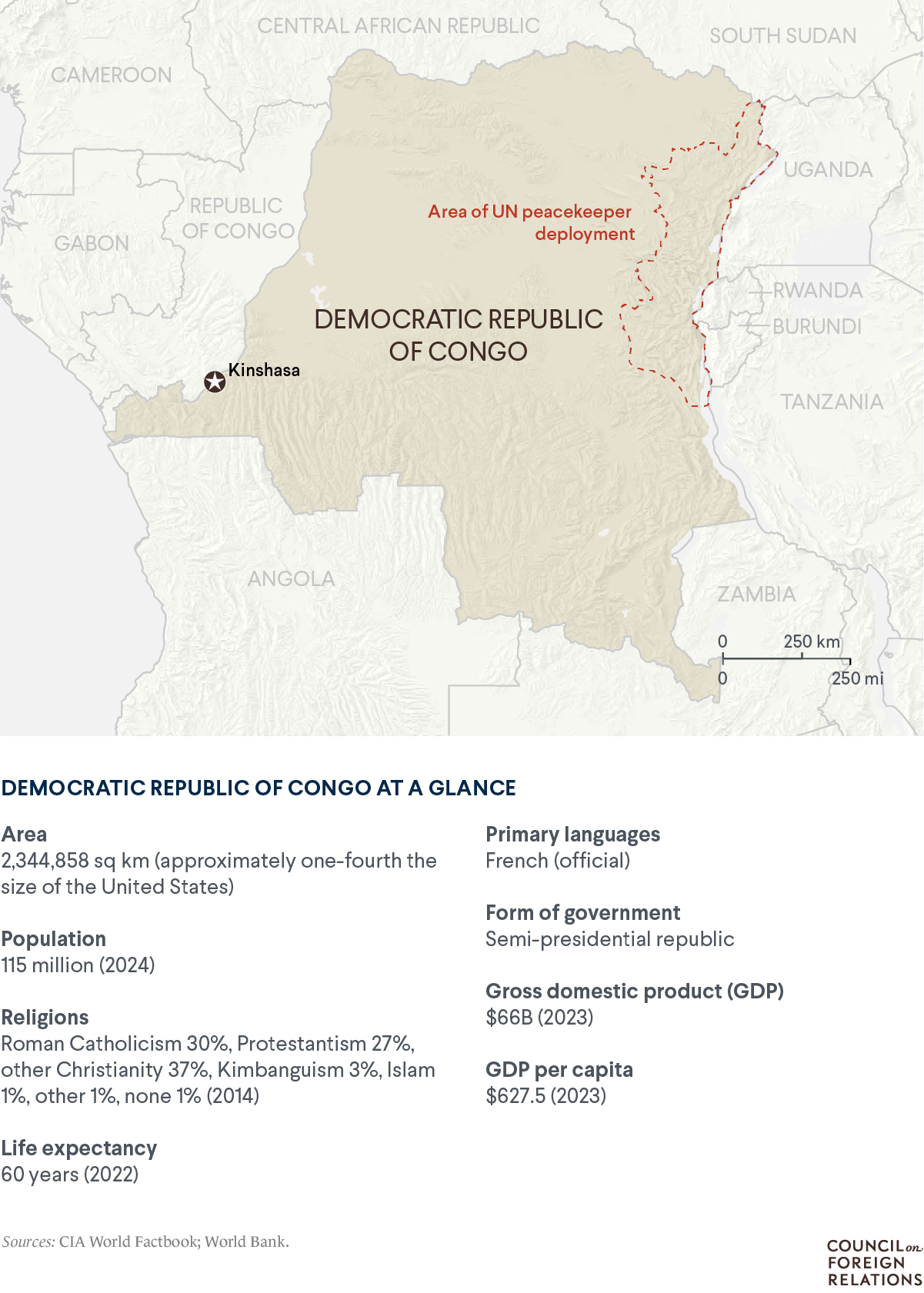 A map showing the DRC and designated area of UN peacekeeper deployment.