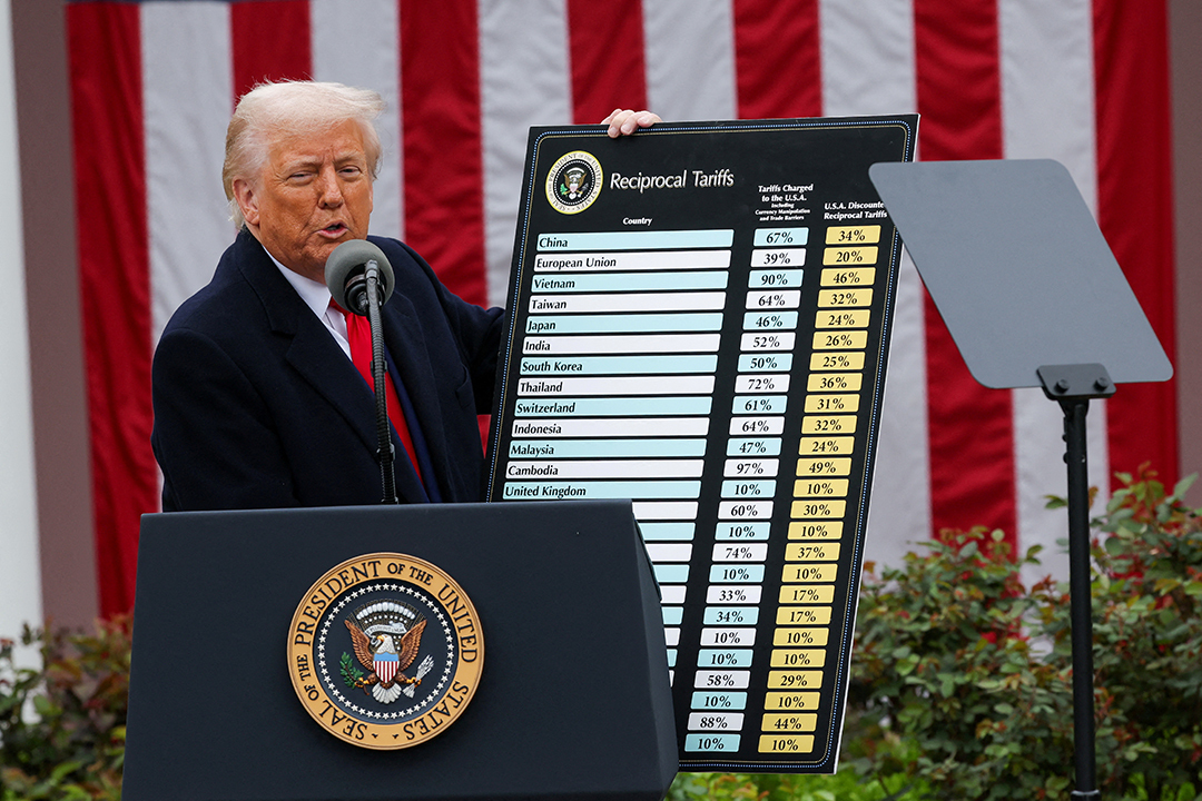 President Donald Trump, wearing a long black jacket and a red tie, stands behind a presidential podium. He is holding up a placard with a list of countries and percentages next to them.