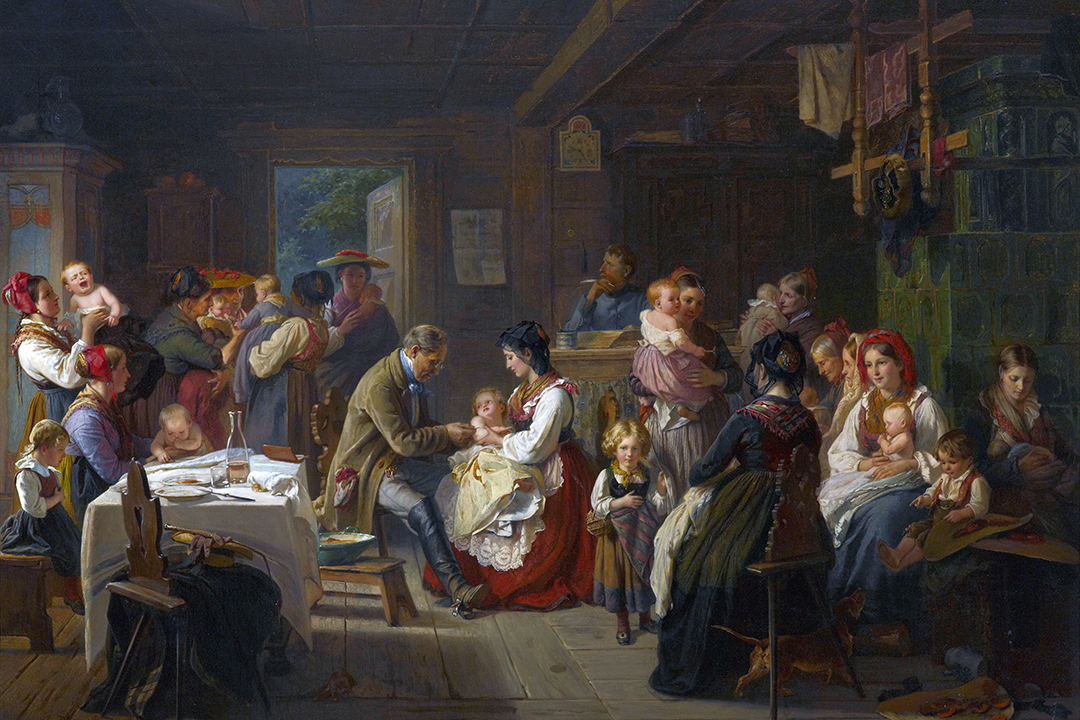 A painting depicts several people in a room, in the foreground, a man administers a vaccine to an infant being held by a woman.