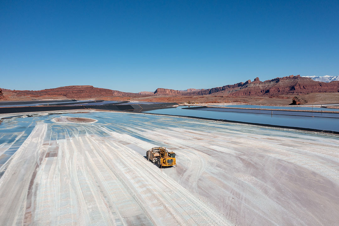 A heavy-duty scraper harvests potash near Moab, Utah.