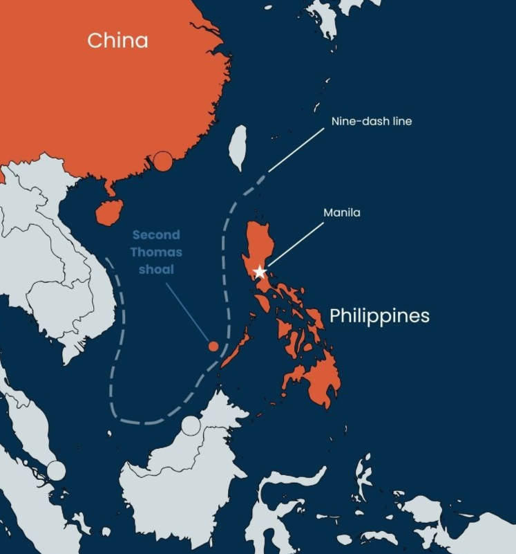 Map of China, the Philippines, and the Second Thomas Shaol