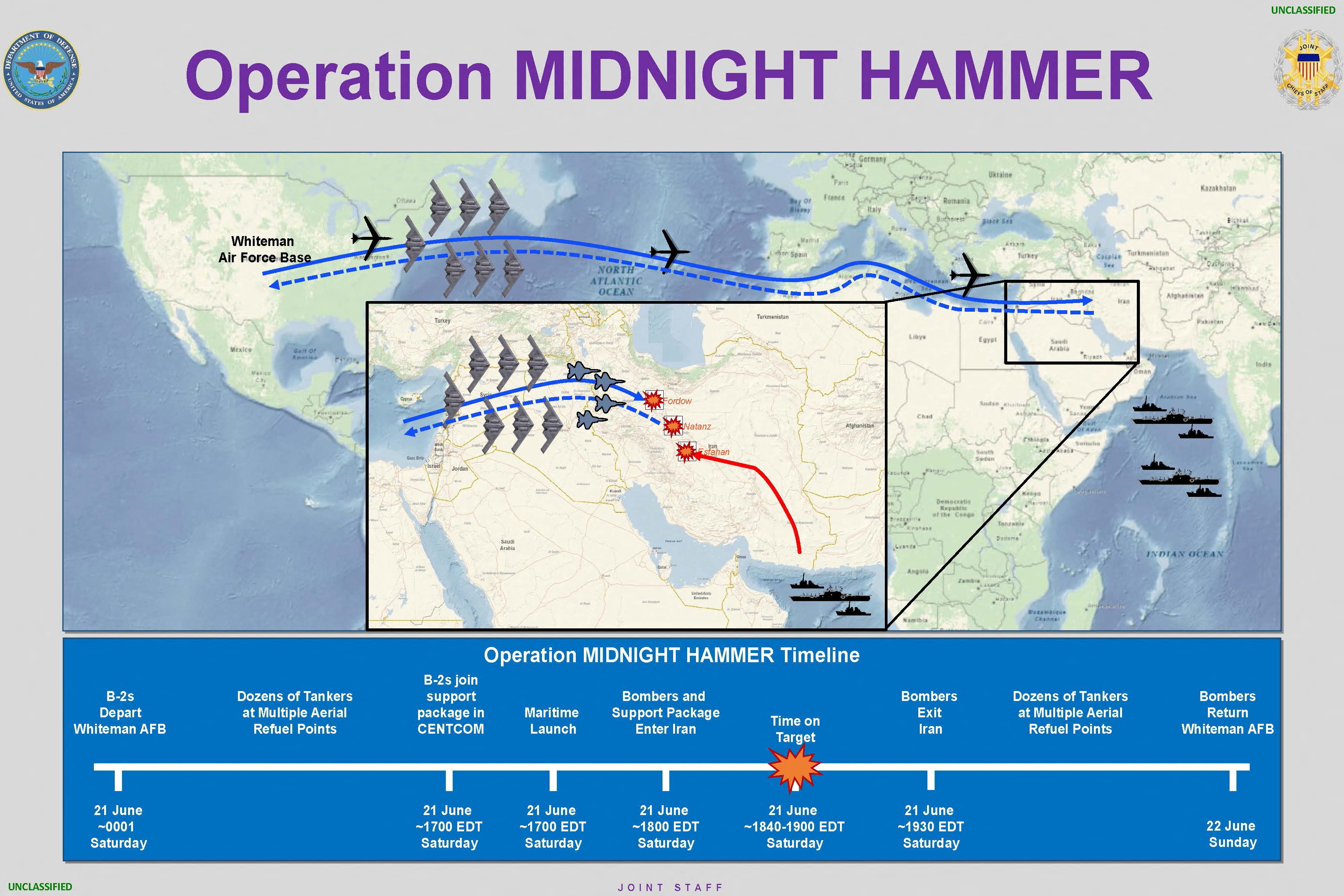 A map showing the route and timeline of Operation Midnight Hammer