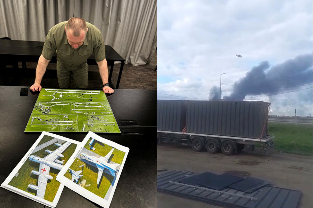 The frame is split into two images. On the left is a Ukrainian officer review plans and photos of planes. On the right is trailer can be seen with smoke billowing out of it. 