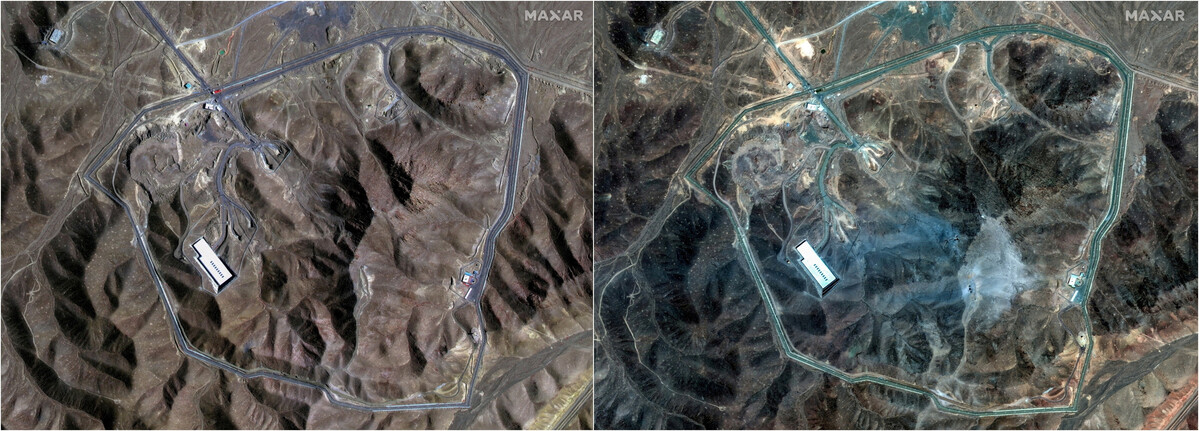 Satellite images side by side show the damage at the Fordow nuclear site before (left) and after (right).
