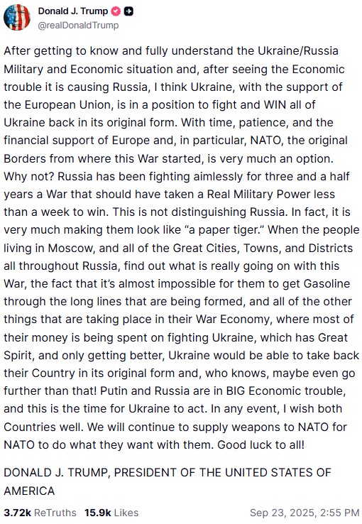 Trump Truth Social on Ukraine-Russia War from September 23, 2025